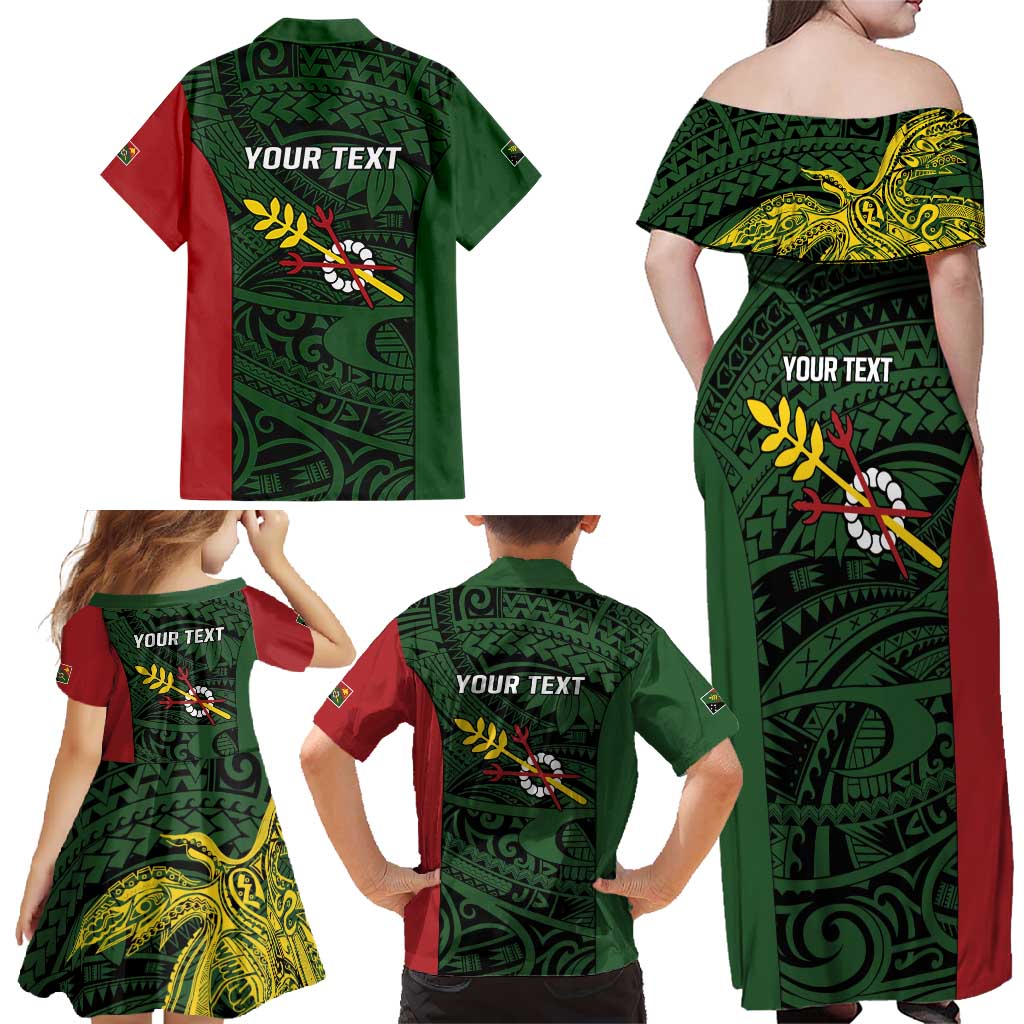 Personalised PNG Chimbu Province Family Matching Off Shoulder Maxi Dress and Hawaiian Shirt Bird of Paradise Tattoo Flag Motif - Polynesian Pride