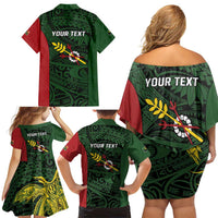Personalised PNG Chimbu Province Family Matching Off Shoulder Short Dress and Hawaiian Shirt Bird of Paradise Tattoo Flag Motif - Polynesian Pride