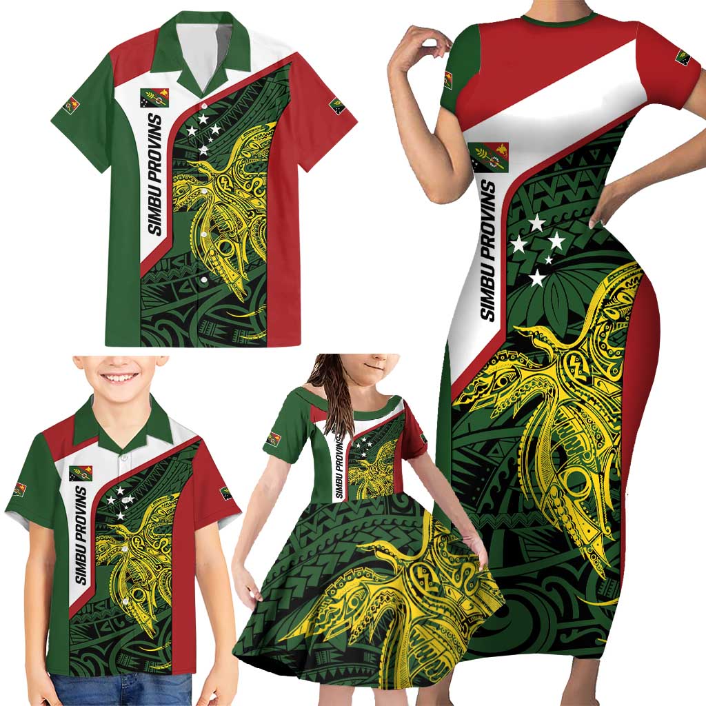 Personalised PNG Chimbu Province Family Matching Short Sleeve Bodycon Dress and Hawaiian Shirt Bird of Paradise Tattoo Flag Motif - Polynesian Pride