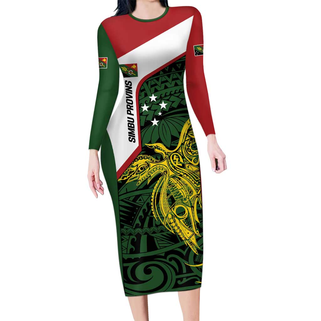 Personalised PNG Chimbu Province Long Sleeve Bodycon Dress Bird of Paradise Tattoo Flag Motif - Polynesian Pride