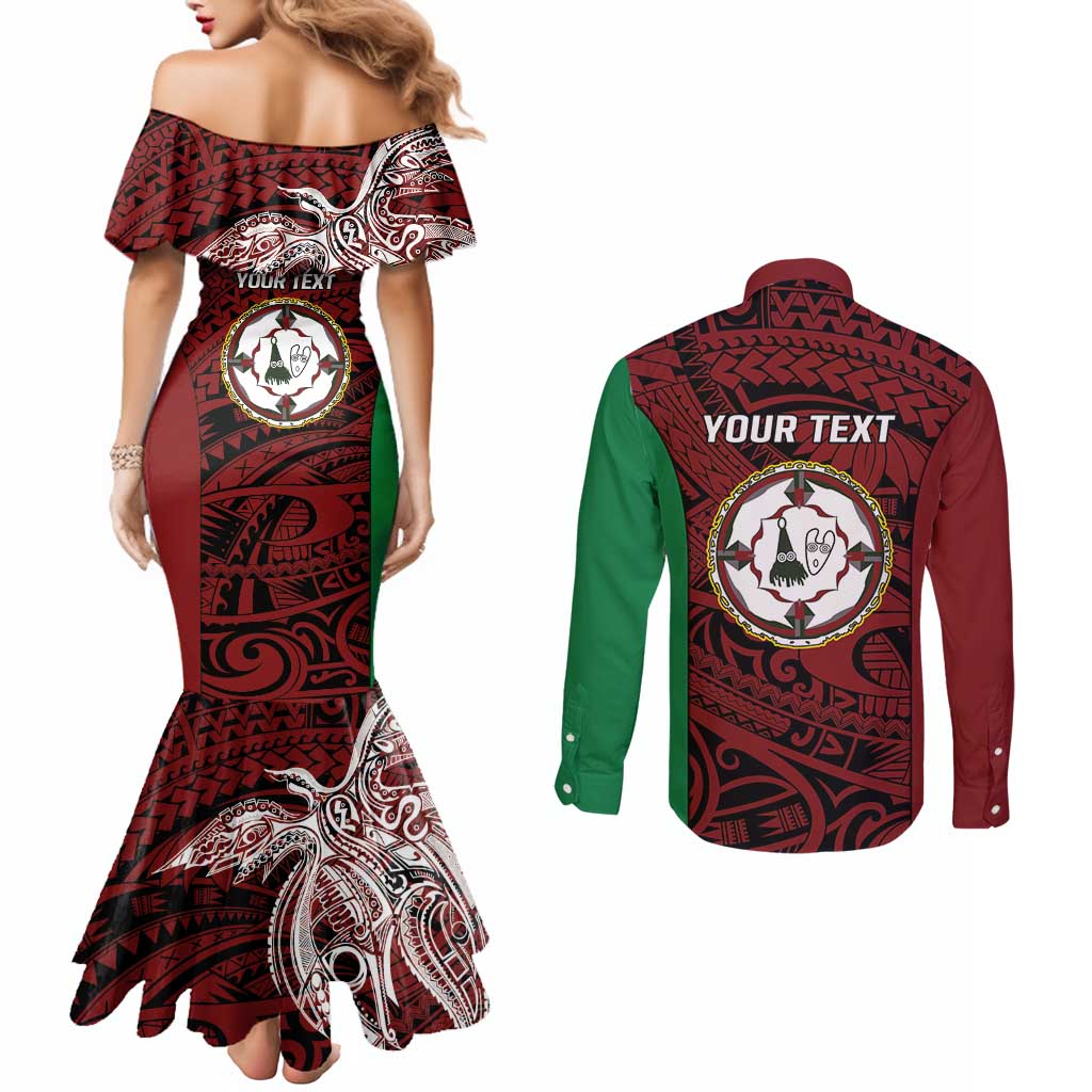 Personalised PNG East New Britain Province Couples Matching Mermaid Dress and Long Sleeve Button Shirt Bird of Paradise Tattoo Flag Motif - Polynesian Pride