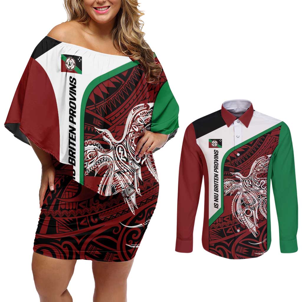 Personalised PNG East New Britain Province Couples Matching Off Shoulder Short Dress and Long Sleeve Button Shirt Bird of Paradise Tattoo Flag Motif LT9 Green - Polynesian Pride