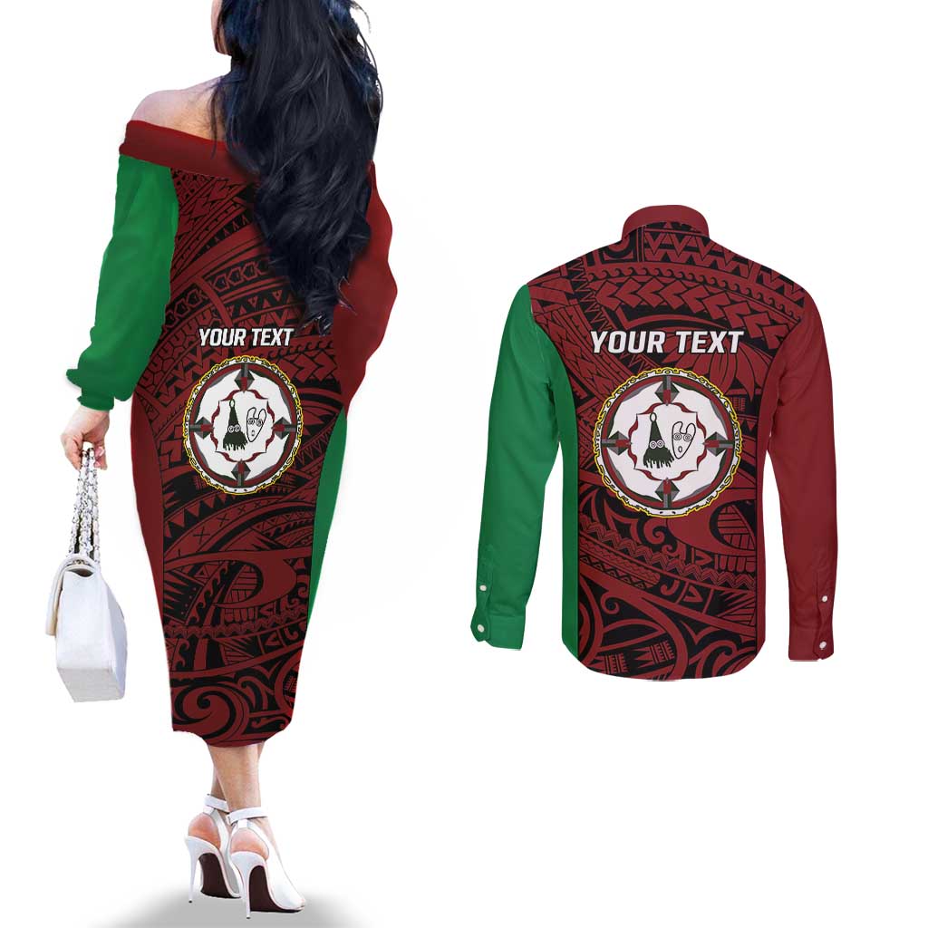 Personalised PNG East New Britain Province Couples Matching Off The Shoulder Long Sleeve Dress and Long Sleeve Button Shirt Bird of Paradise Tattoo Flag Motif - Polynesian Pride