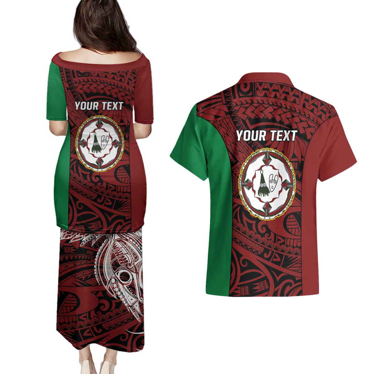 Personalised PNG East New Britain Province Couples Matching Puletasi and Hawaiian Shirt Bird of Paradise Tattoo Flag Motif - Polynesian Pride