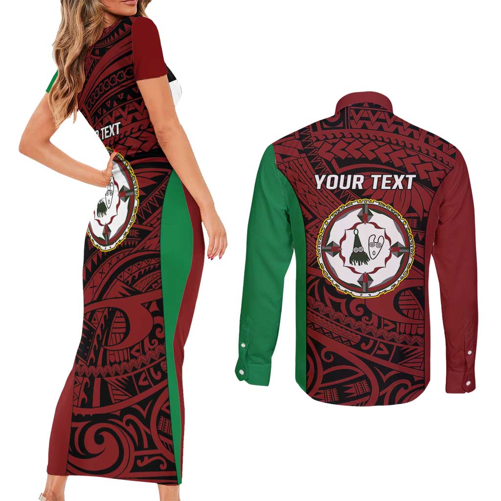 Personalised PNG East New Britain Province Couples Matching Short Sleeve Bodycon Dress and Long Sleeve Button Shirt Bird of Paradise Tattoo Flag Motif - Polynesian Pride