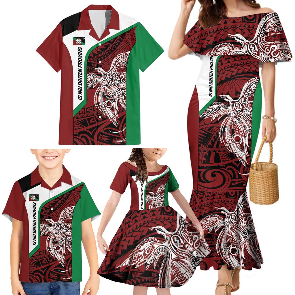 Personalised PNG East New Britain Province Family Matching Mermaid Dress and Hawaiian Shirt Bird of Paradise Tattoo Flag Motif - Polynesian Pride
