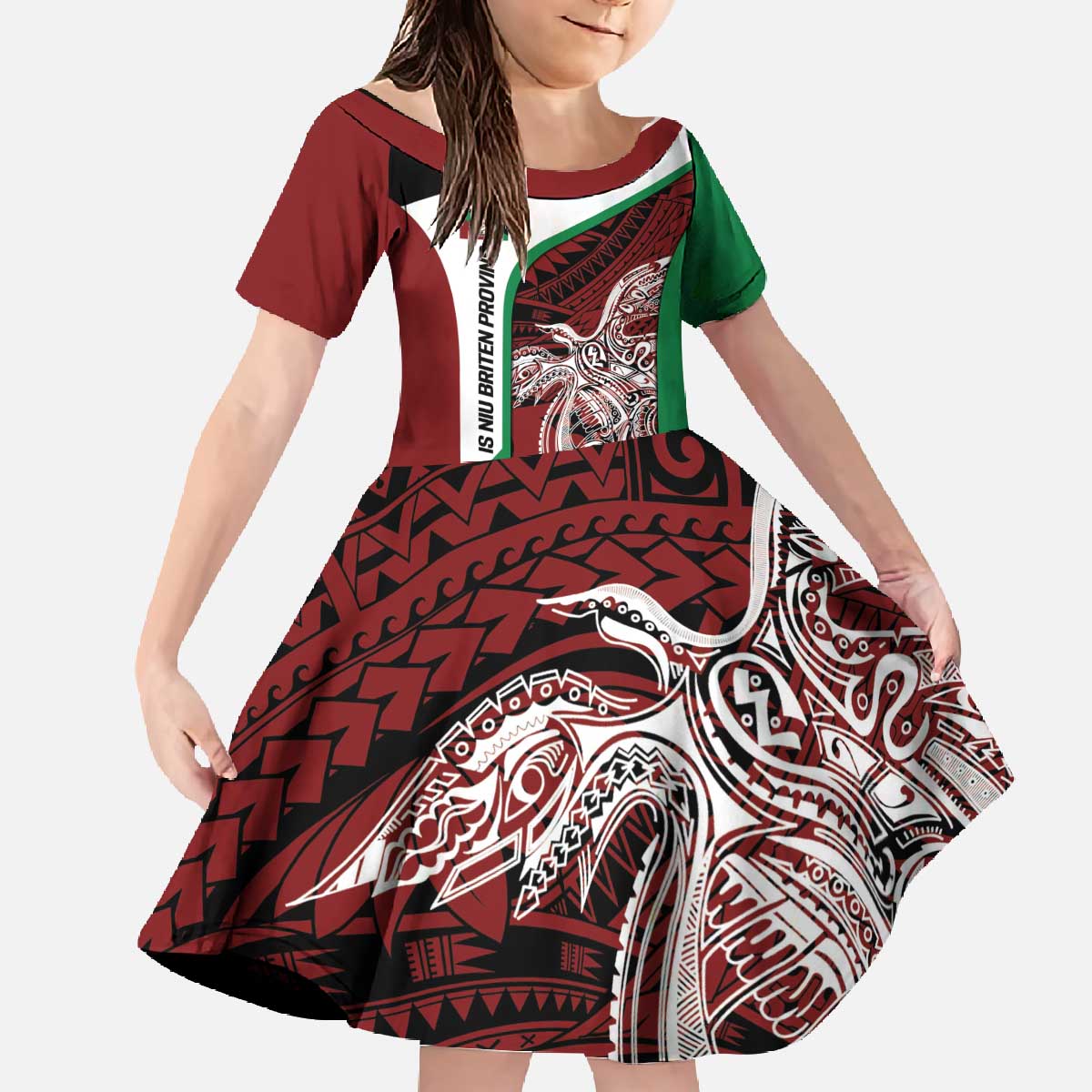 Personalised PNG East New Britain Province Family Matching Off The Shoulder Long Sleeve Dress and Hawaiian Shirt Bird of Paradise Tattoo Flag Motif - Polynesian Pride