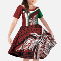 Personalised PNG East New Britain Province Family Matching Off The Shoulder Long Sleeve Dress and Hawaiian Shirt Bird of Paradise Tattoo Flag Motif - Polynesian Pride