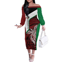 Personalised PNG East New Britain Province Family Matching Off The Shoulder Long Sleeve Dress and Hawaiian Shirt Bird of Paradise Tattoo Flag Motif - Polynesian Pride