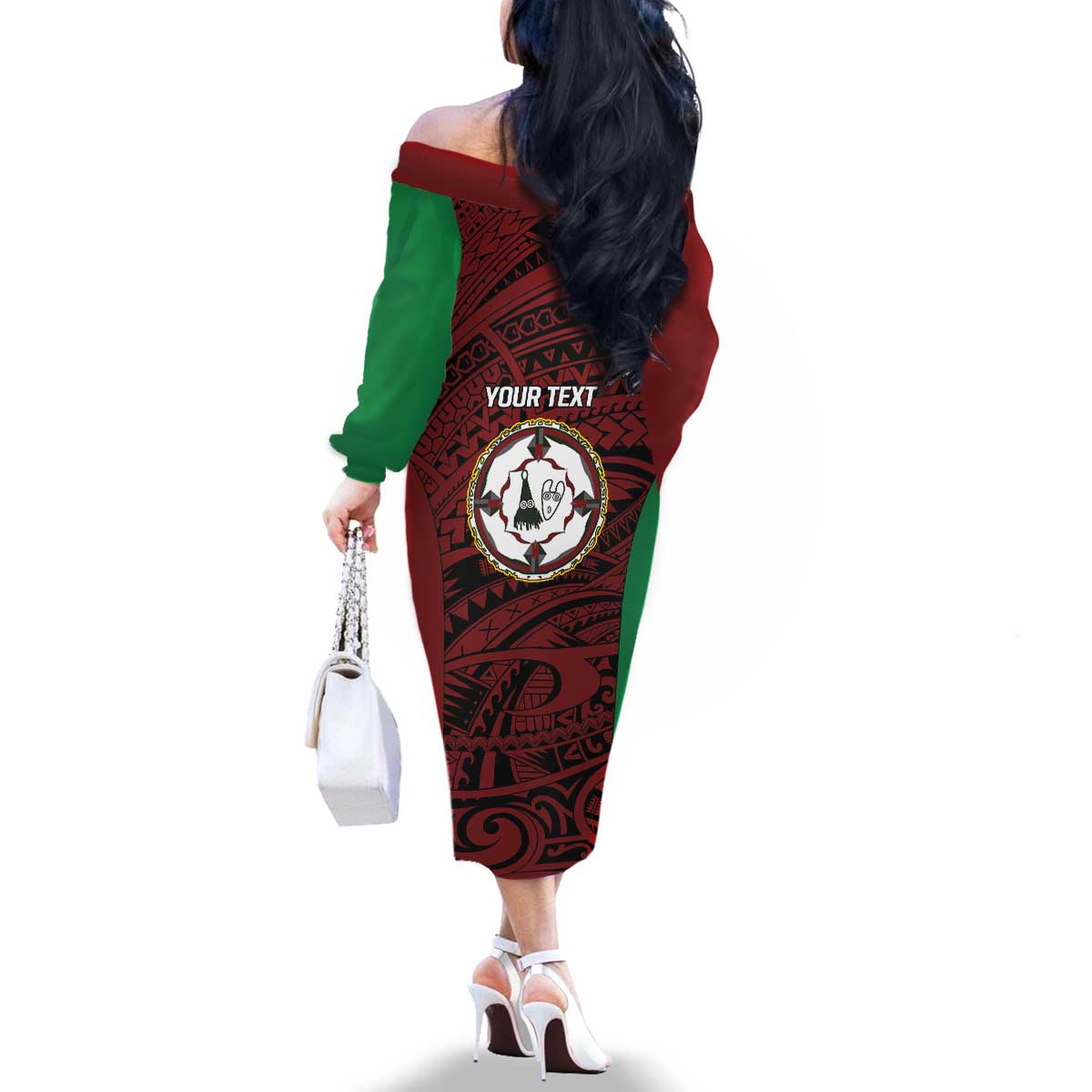 Personalised PNG East New Britain Province Family Matching Off The Shoulder Long Sleeve Dress and Hawaiian Shirt Bird of Paradise Tattoo Flag Motif - Polynesian Pride