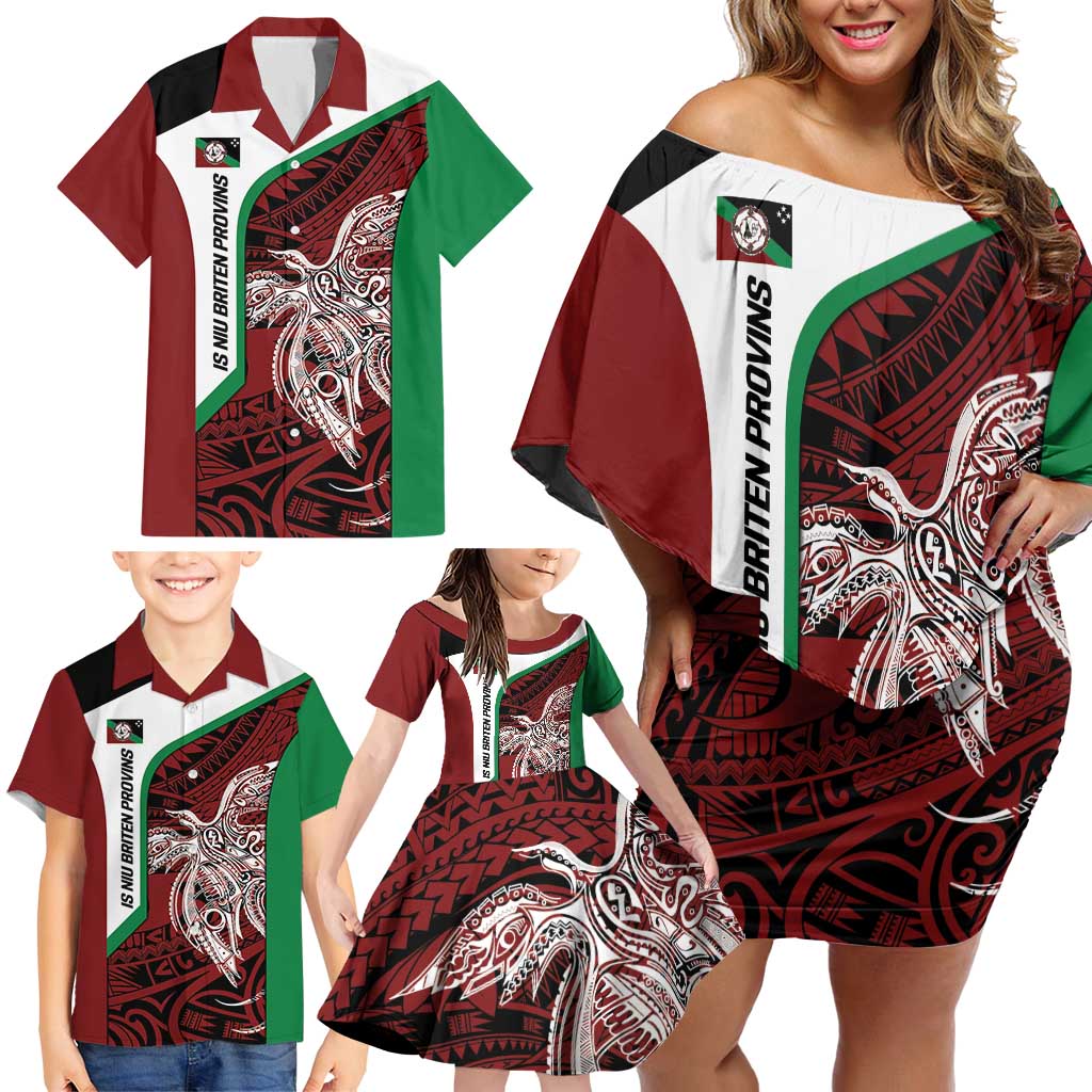 Personalised PNG East New Britain Province Family Matching Off Shoulder Short Dress and Hawaiian Shirt Bird of Paradise Tattoo Flag Motif - Polynesian Pride