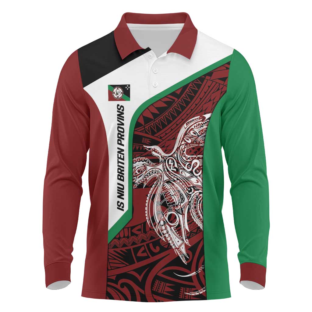 Personalised PNG East New Britain Province Long Sleeve Polo Shirt Bird of Paradise Tattoo Flag Motif - Polynesian Pride