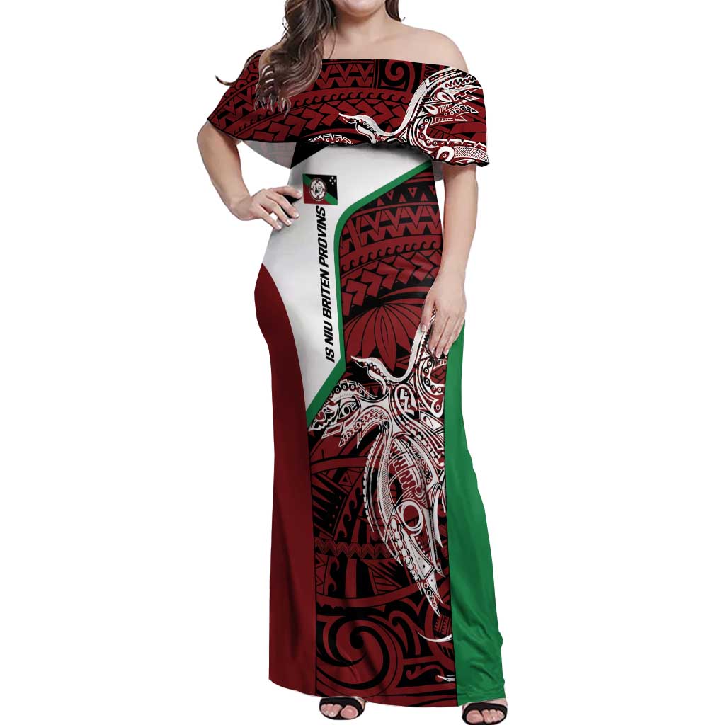 Personalised PNG East New Britain Province Off Shoulder Maxi Dress Bird of Paradise Tattoo Flag Motif - Polynesian Pride