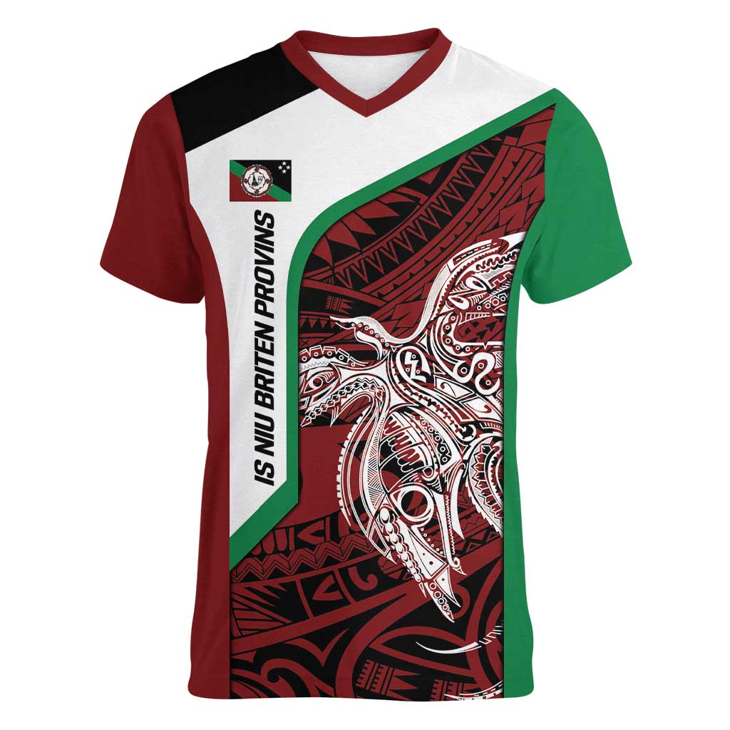 Personalised PNG East New Britain Province Women V-Neck T-Shirt Bird of Paradise Tattoo Flag Motif - Polynesian Pride