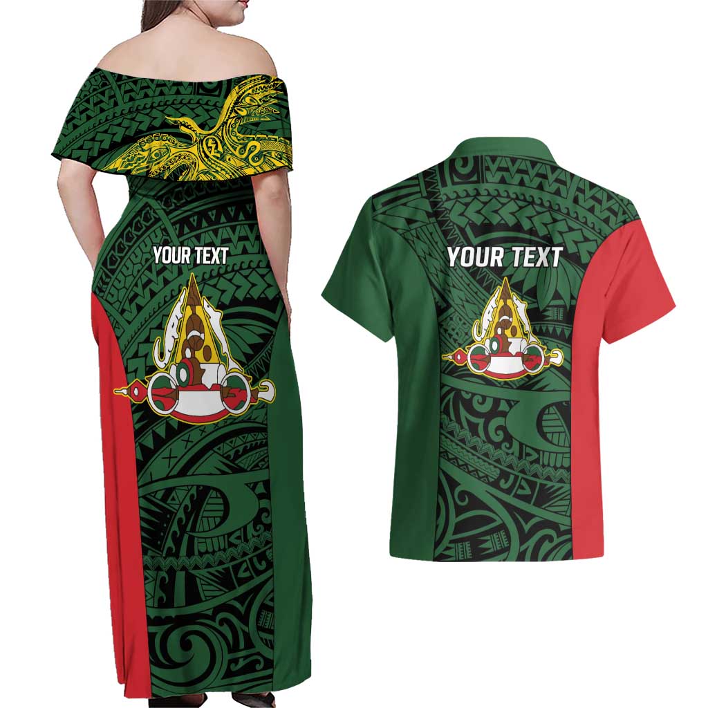 Personalised PNG East Sepik Province Couples Matching Off Shoulder Maxi Dress and Hawaiian Shirt Bird of Paradise Tattoo Flag Motif - Polynesian Pride