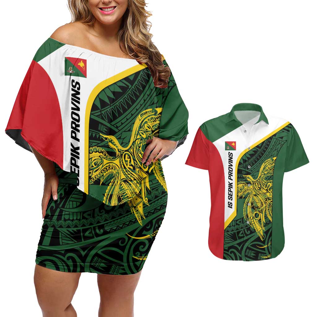 Personalised PNG East Sepik Province Couples Matching Off Shoulder Short Dress and Hawaiian Shirt Bird of Paradise Tattoo Flag Motif - Polynesian Pride