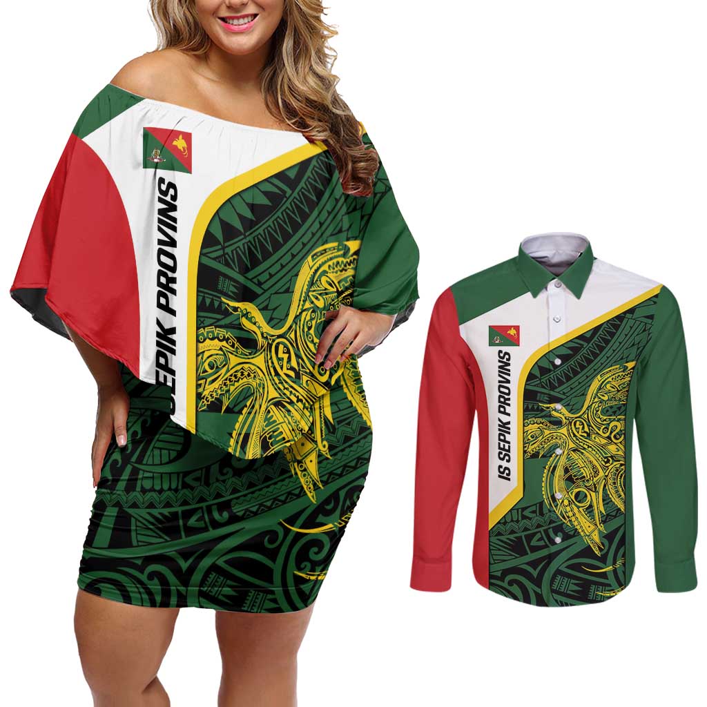 Personalised PNG East Sepik Province Couples Matching Off Shoulder Short Dress and Long Sleeve Button Shirt Bird of Paradise Tattoo Flag Motif LT9 Green - Polynesian Pride
