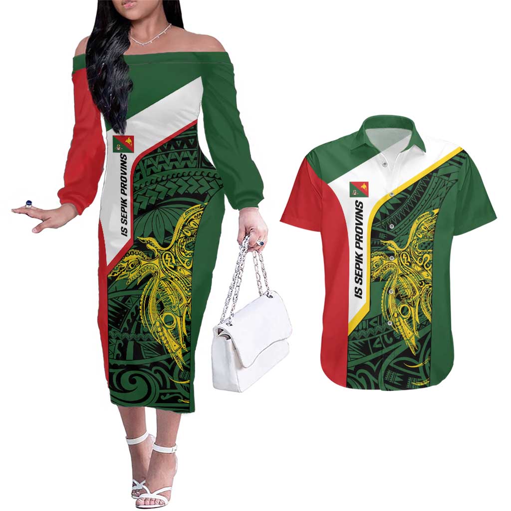 Personalised PNG East Sepik Province Couples Matching Off The Shoulder Long Sleeve Dress and Hawaiian Shirt Bird of Paradise Tattoo Flag Motif - Polynesian Pride