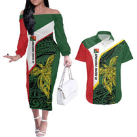 Personalised PNG East Sepik Province Couples Matching Off The Shoulder Long Sleeve Dress and Hawaiian Shirt Bird of Paradise Tattoo Flag Motif - Polynesian Pride
