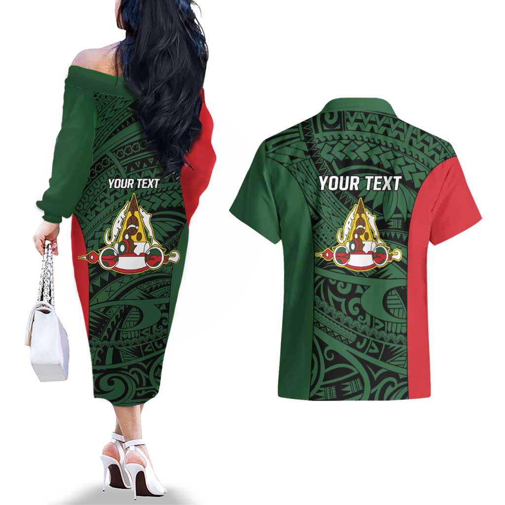Personalised PNG East Sepik Province Couples Matching Off The Shoulder Long Sleeve Dress and Hawaiian Shirt Bird of Paradise Tattoo Flag Motif - Polynesian Pride