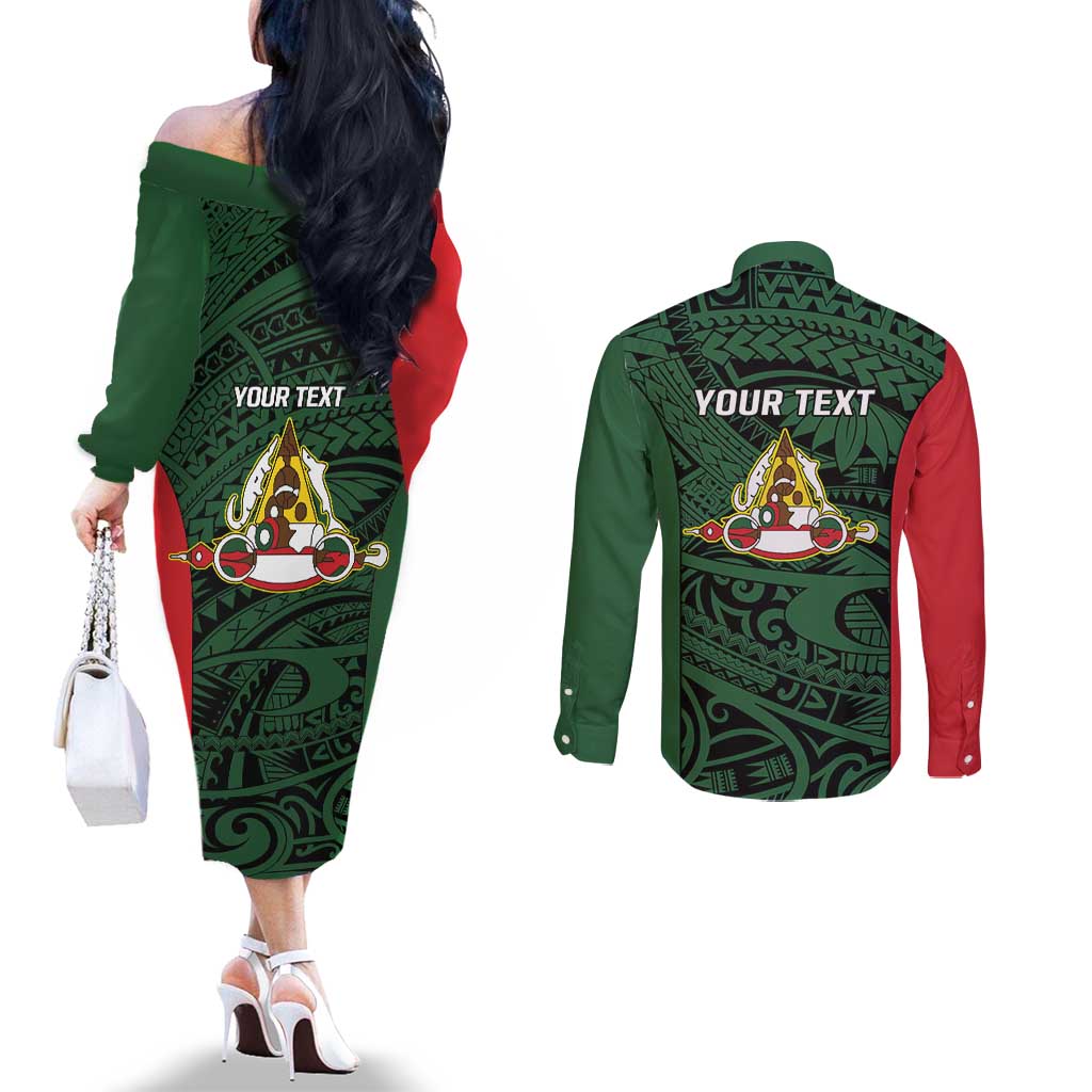Personalised PNG East Sepik Province Couples Matching Off The Shoulder Long Sleeve Dress and Long Sleeve Button Shirt Bird of Paradise Tattoo Flag Motif - Polynesian Pride