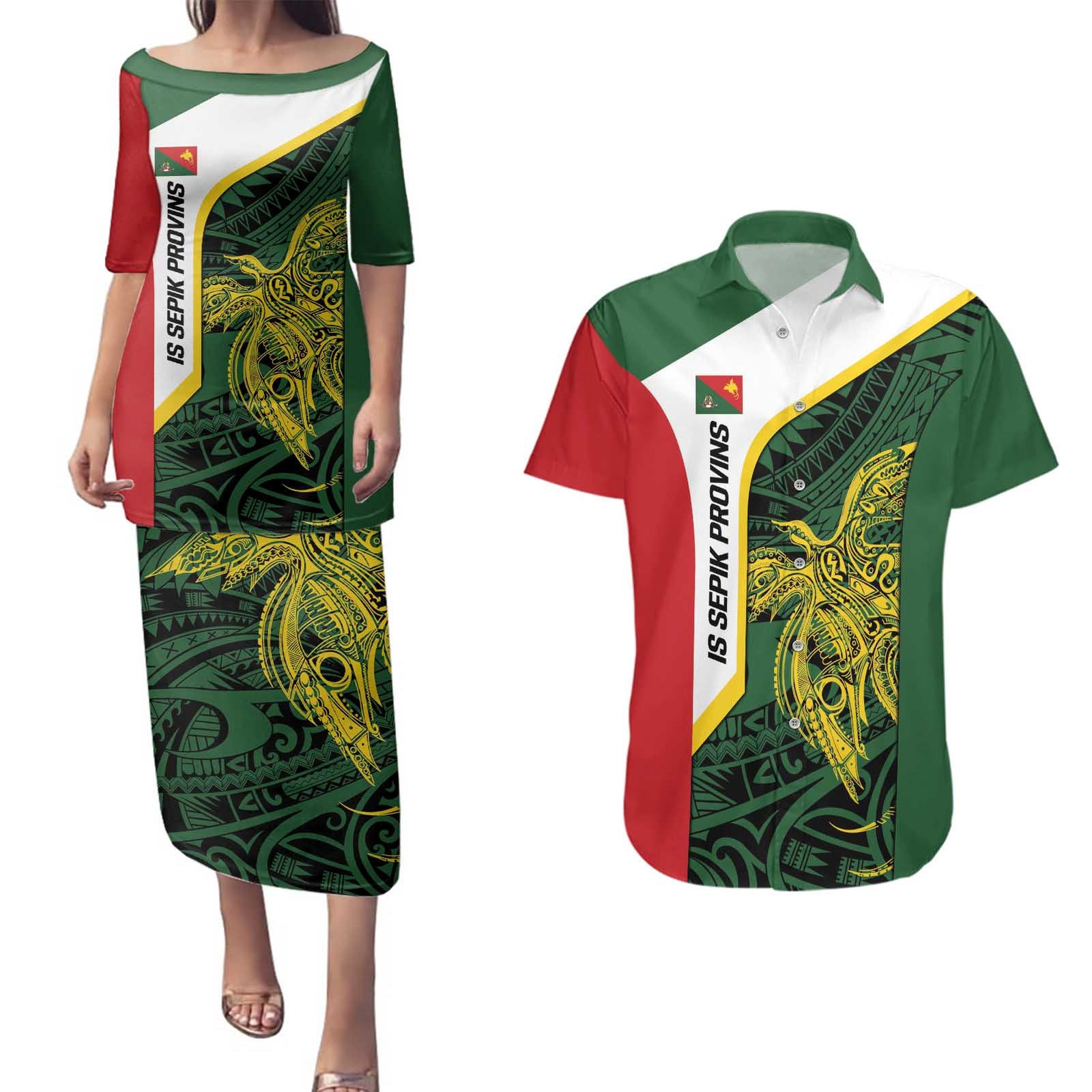 Personalised PNG East Sepik Province Couples Matching Puletasi and Hawaiian Shirt Bird of Paradise Tattoo Flag Motif LT9 Green - Polynesian Pride