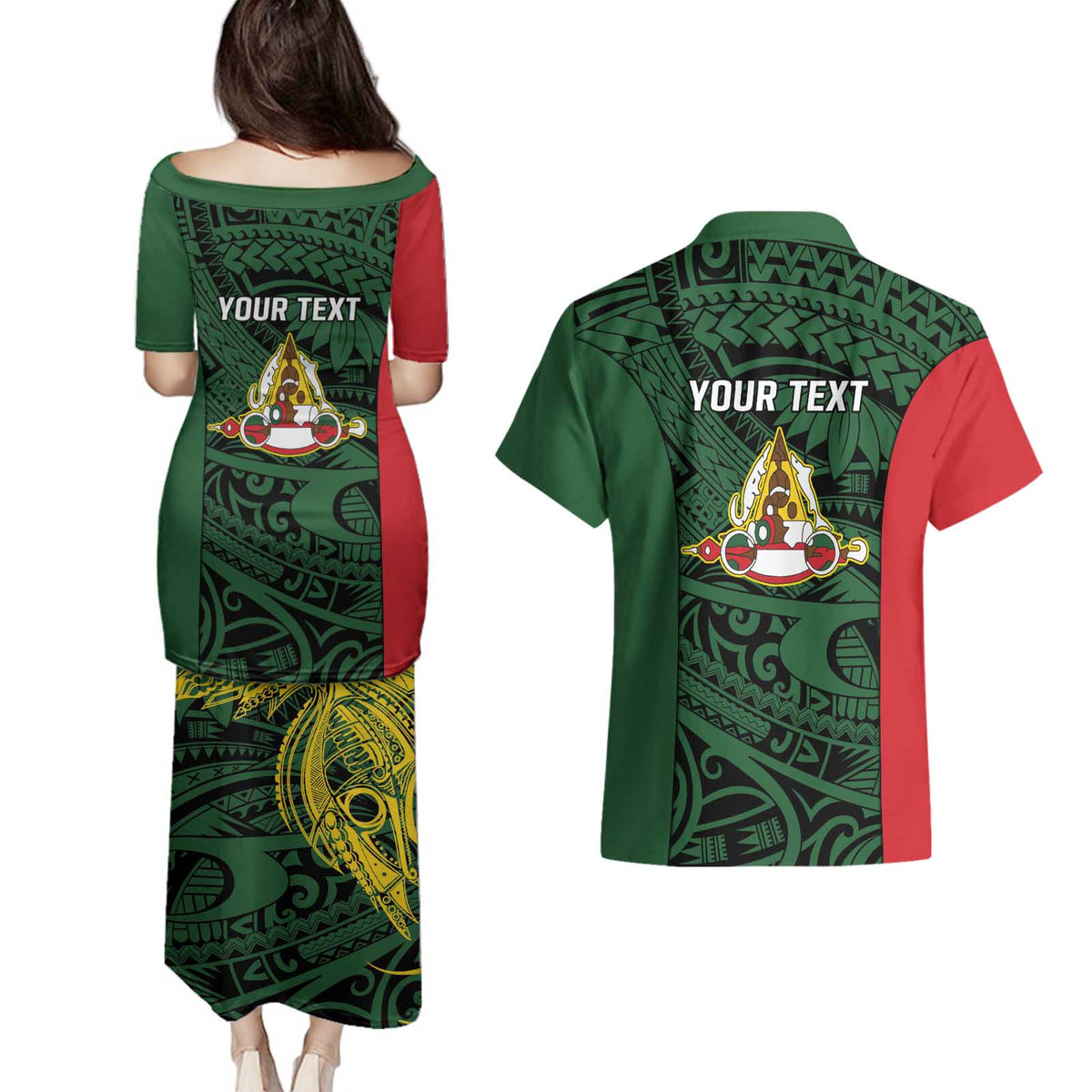 Personalised PNG East Sepik Province Couples Matching Puletasi and Hawaiian Shirt Bird of Paradise Tattoo Flag Motif - Polynesian Pride