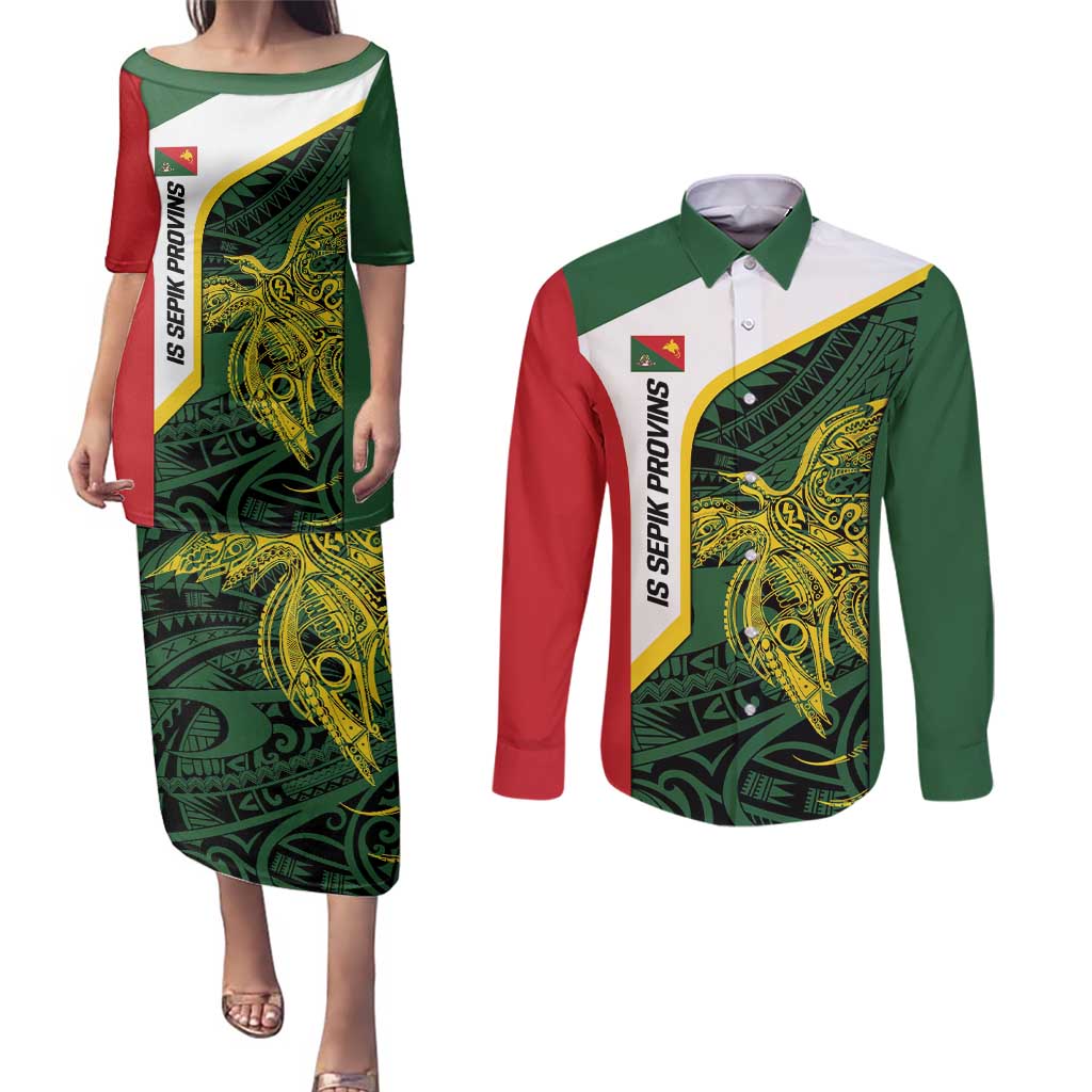 Personalised PNG East Sepik Province Couples Matching Puletasi and Long Sleeve Button Shirt Bird of Paradise Tattoo Flag Motif LT9 Green - Polynesian Pride