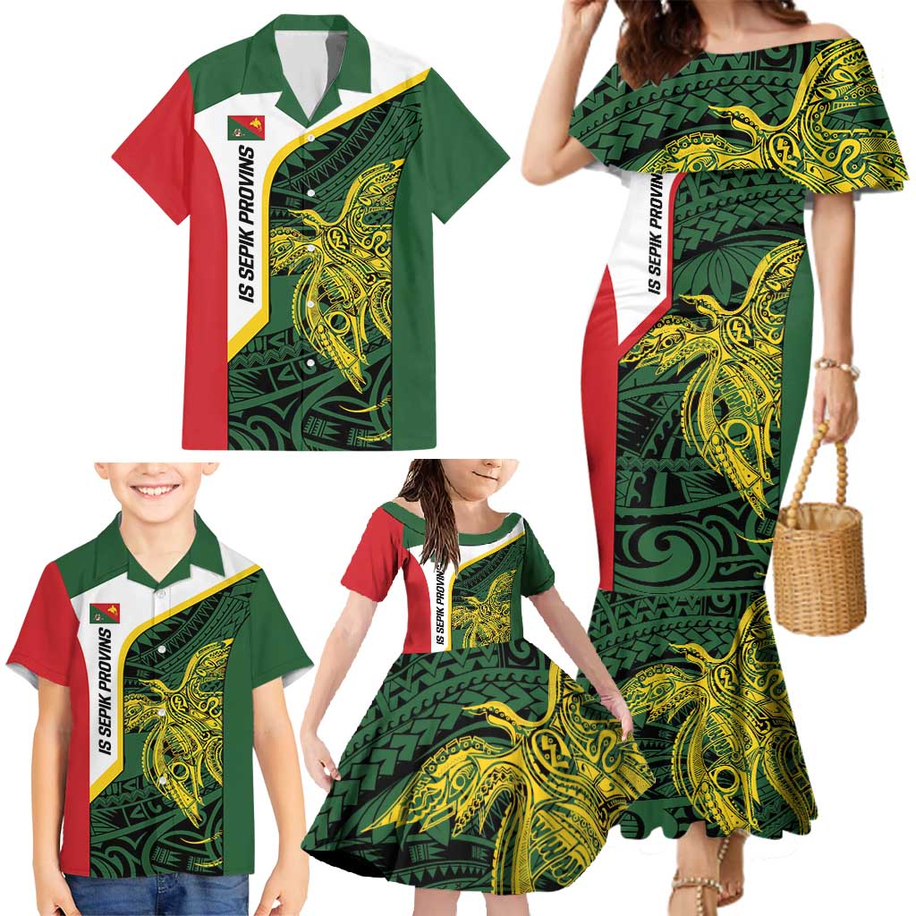 Personalised PNG East Sepik Province Family Matching Mermaid Dress and Hawaiian Shirt Bird of Paradise Tattoo Flag Motif - Polynesian Pride