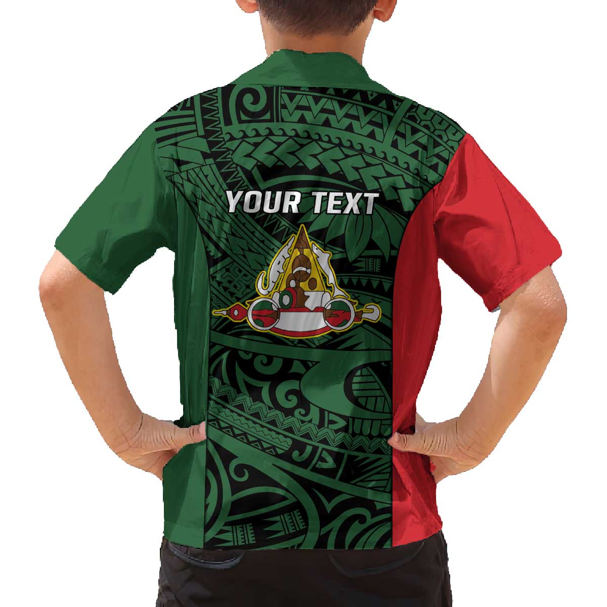 Personalised PNG East Sepik Province Family Matching Off The Shoulder Long Sleeve Dress and Hawaiian Shirt Bird of Paradise Tattoo Flag Motif - Polynesian Pride