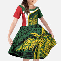Personalised PNG East Sepik Province Family Matching Off The Shoulder Long Sleeve Dress and Hawaiian Shirt Bird of Paradise Tattoo Flag Motif - Polynesian Pride