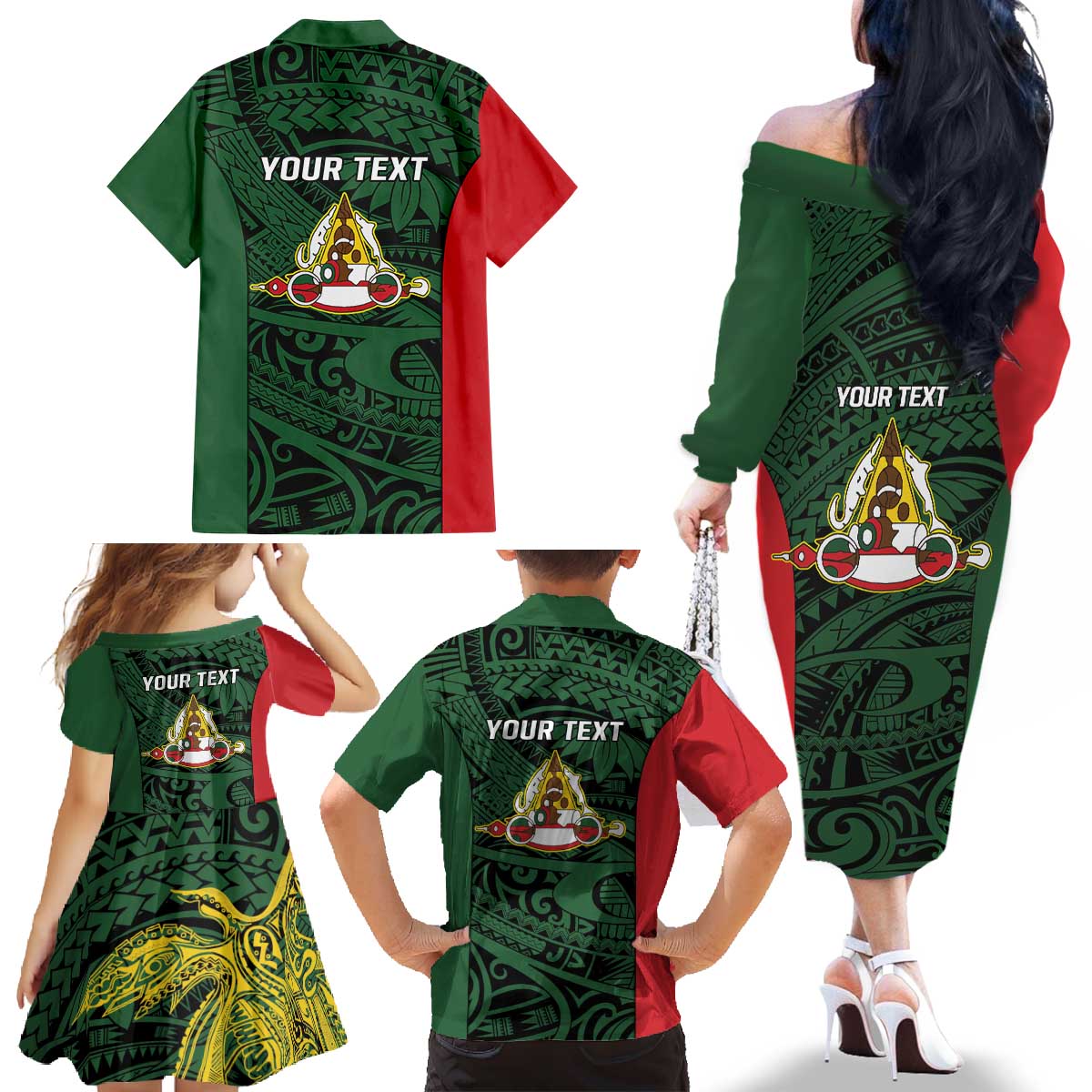 Personalised PNG East Sepik Province Family Matching Off The Shoulder Long Sleeve Dress and Hawaiian Shirt Bird of Paradise Tattoo Flag Motif - Polynesian Pride