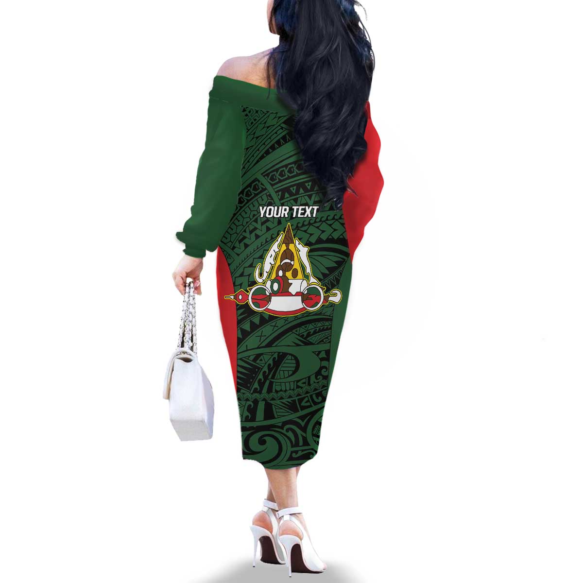 Personalised PNG East Sepik Province Family Matching Off The Shoulder Long Sleeve Dress and Hawaiian Shirt Bird of Paradise Tattoo Flag Motif - Polynesian Pride