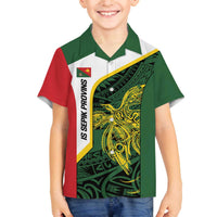 Personalised PNG East Sepik Province Family Matching Off The Shoulder Long Sleeve Dress and Hawaiian Shirt Bird of Paradise Tattoo Flag Motif - Polynesian Pride