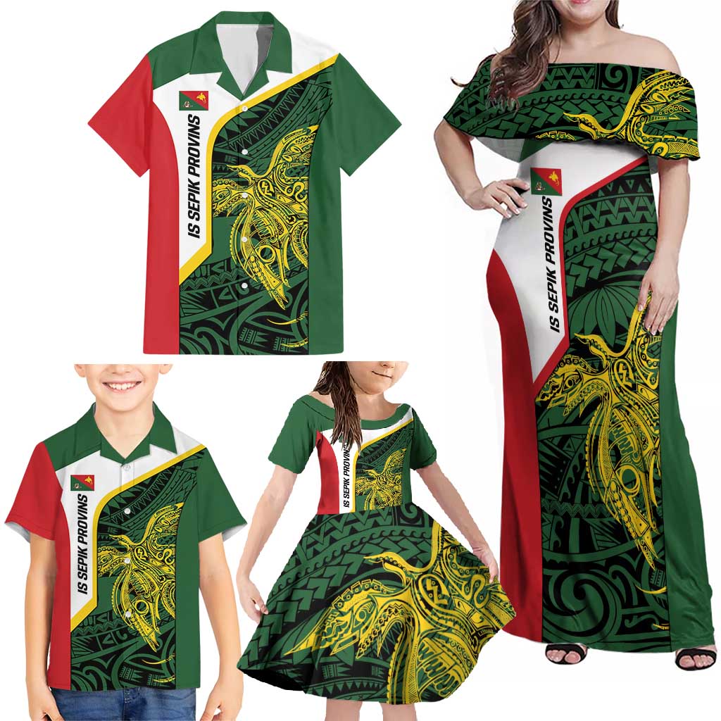 Personalised PNG East Sepik Province Family Matching Off Shoulder Maxi Dress and Hawaiian Shirt Bird of Paradise Tattoo Flag Motif - Polynesian Pride