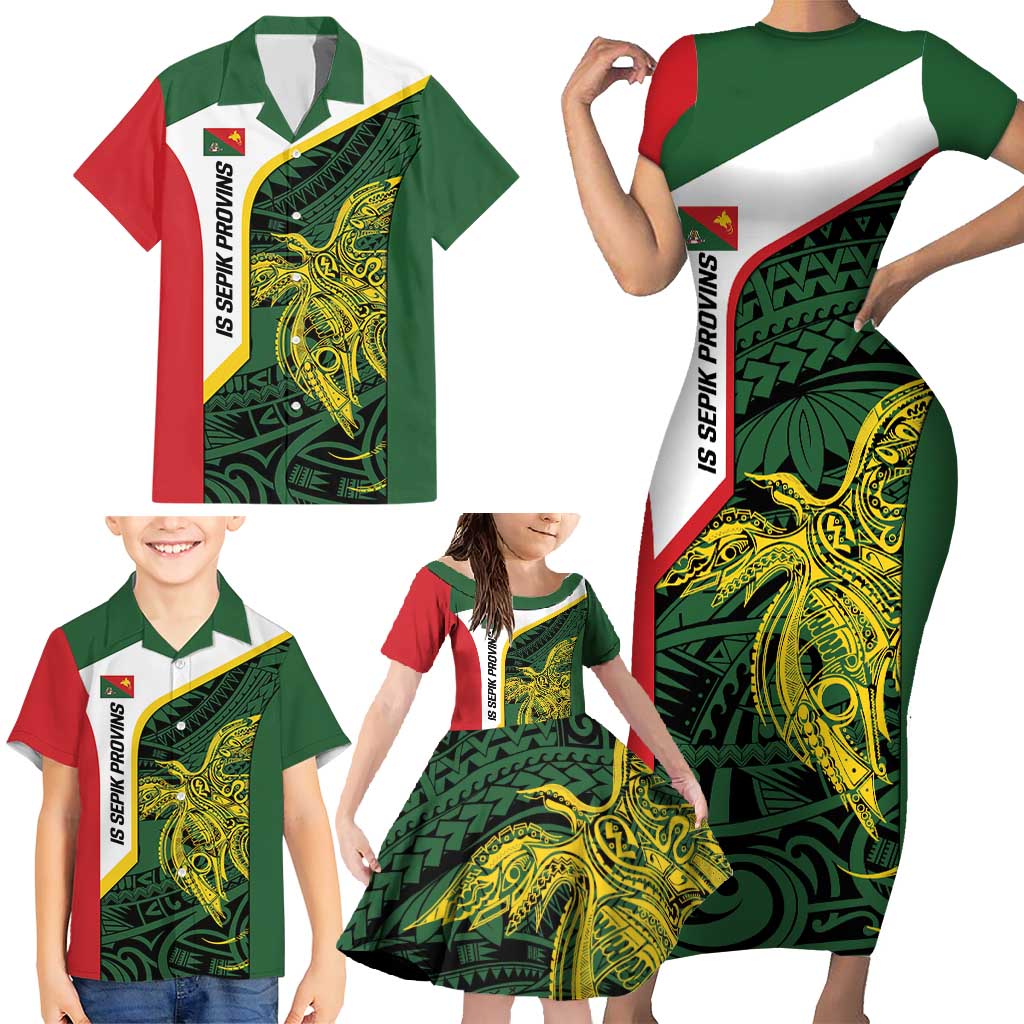 Personalised PNG East Sepik Province Family Matching Short Sleeve Bodycon Dress and Hawaiian Shirt Bird of Paradise Tattoo Flag Motif - Polynesian Pride