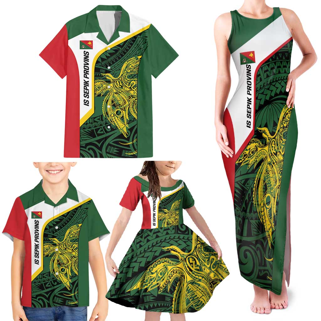Personalised PNG East Sepik Province Family Matching Tank Maxi Dress and Hawaiian Shirt Bird of Paradise Tattoo Flag Motif - Polynesian Pride