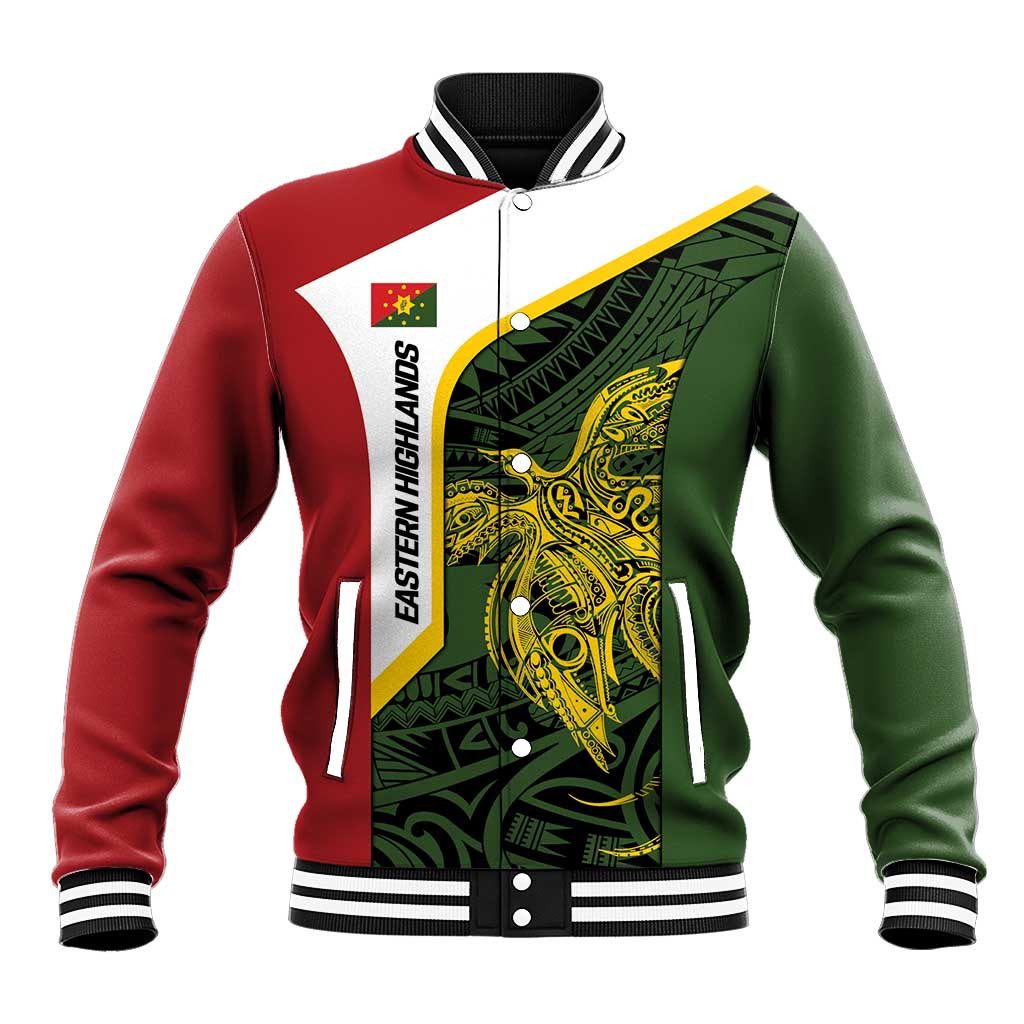 Personalised PNG Eastern Highlands Baseball Jacket Bird of Paradise Tattoo Flag Motif LT9 Unisex Green - Polynesian Pride