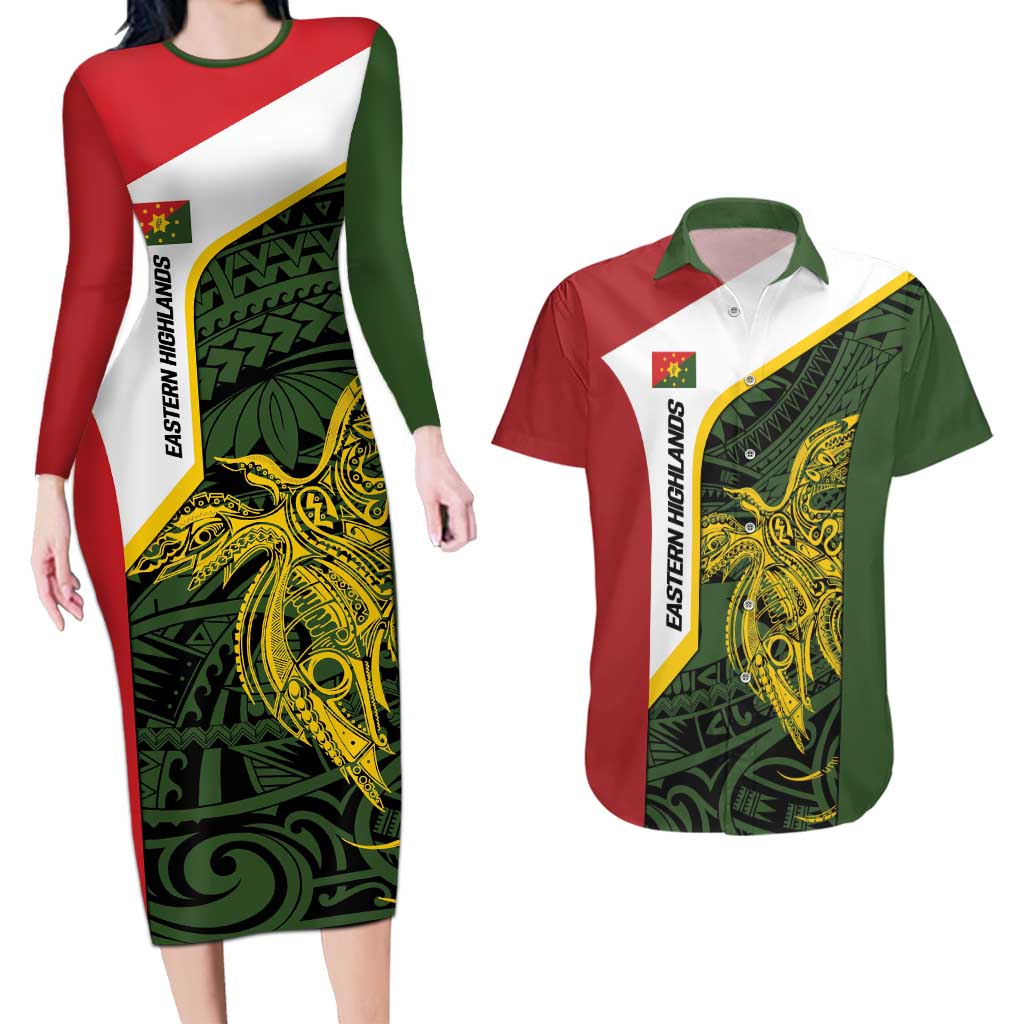 Personalised PNG Eastern Highlands Couples Matching Long Sleeve Bodycon Dress and Hawaiian Shirt Bird of Paradise Tattoo Flag Motif - Polynesian Pride