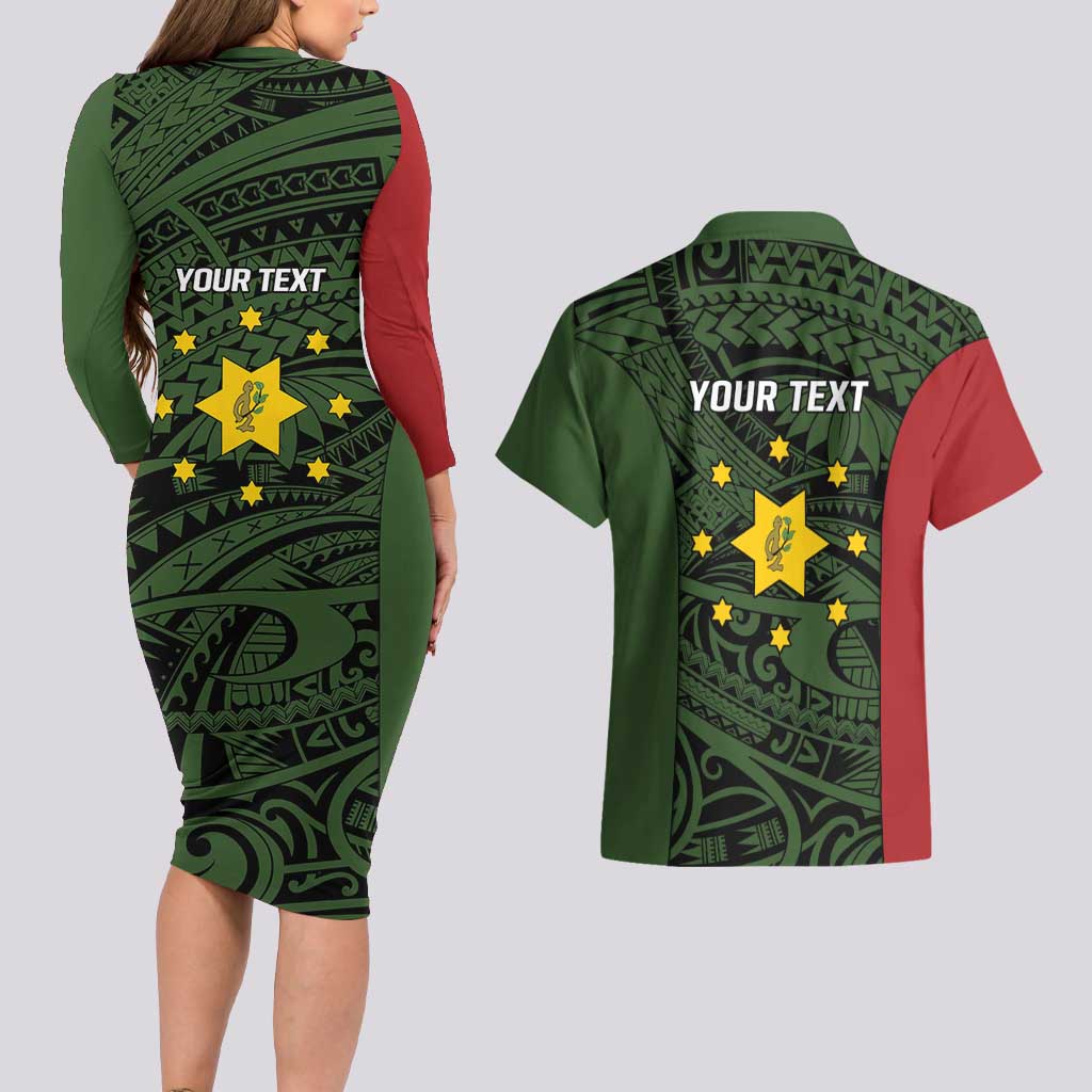 Personalised PNG Eastern Highlands Couples Matching Long Sleeve Bodycon Dress and Hawaiian Shirt Bird of Paradise Tattoo Flag Motif - Polynesian Pride