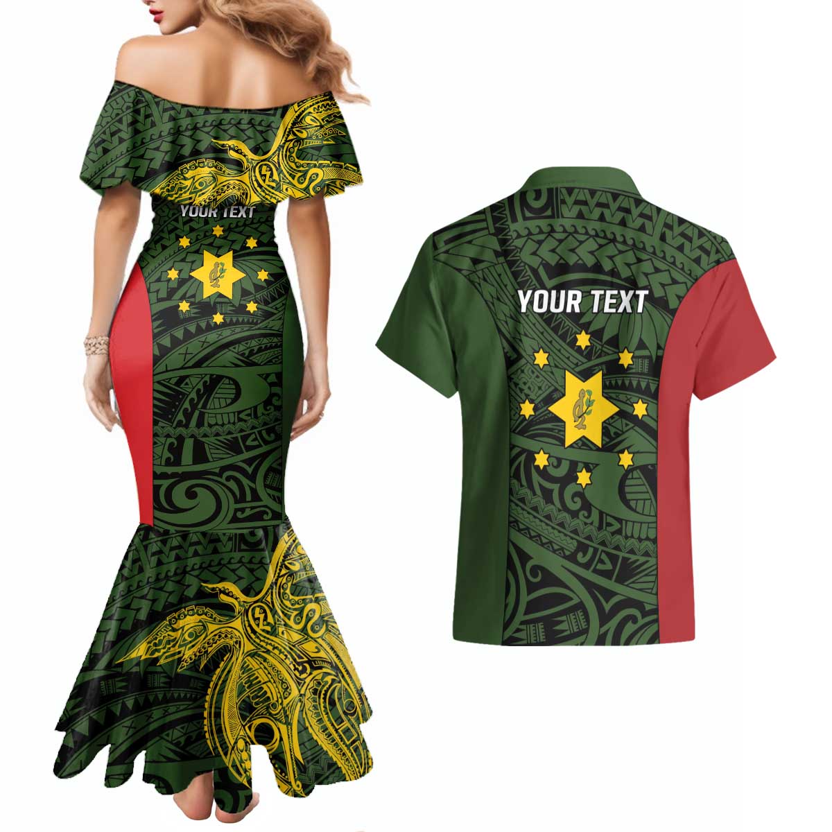 Personalised PNG Eastern Highlands Couples Matching Mermaid Dress and Hawaiian Shirt Bird of Paradise Tattoo Flag Motif - Polynesian Pride