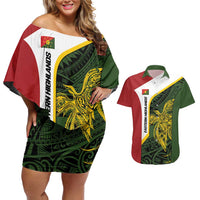 Personalised PNG Eastern Highlands Couples Matching Off Shoulder Short Dress and Hawaiian Shirt Bird of Paradise Tattoo Flag Motif - Polynesian Pride