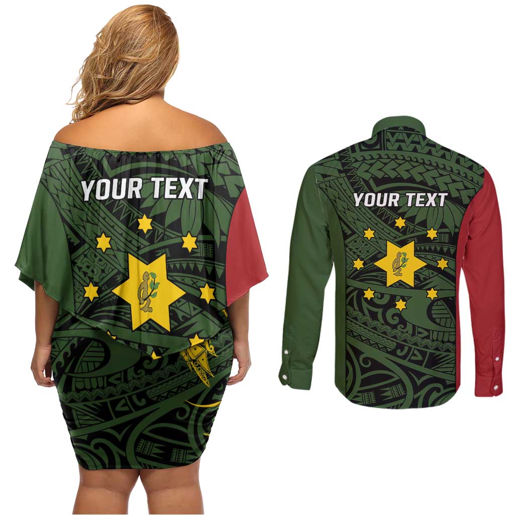 Personalised PNG Eastern Highlands Couples Matching Off Shoulder Short Dress and Long Sleeve Button Shirt Bird of Paradise Tattoo Flag Motif - Polynesian Pride
