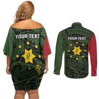 Personalised PNG Eastern Highlands Couples Matching Off Shoulder Short Dress and Long Sleeve Button Shirt Bird of Paradise Tattoo Flag Motif - Polynesian Pride