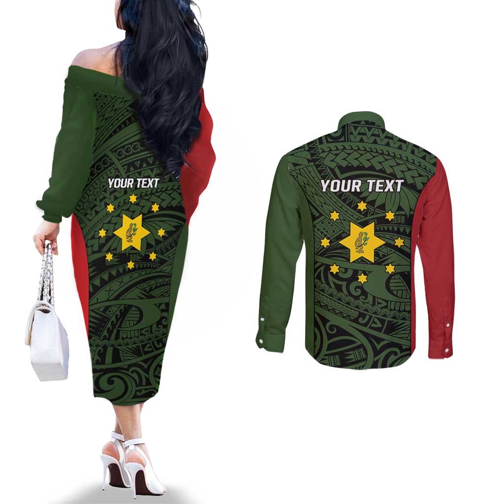 Personalised PNG Eastern Highlands Couples Matching Off The Shoulder Long Sleeve Dress and Long Sleeve Button Shirt Bird of Paradise Tattoo Flag Motif - Polynesian Pride
