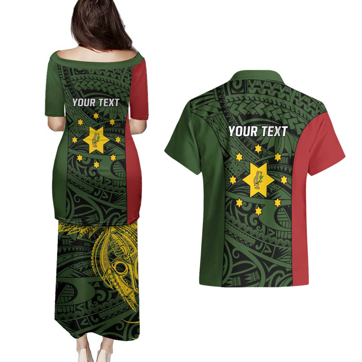 Personalised PNG Eastern Highlands Couples Matching Puletasi and Hawaiian Shirt Bird of Paradise Tattoo Flag Motif - Polynesian Pride