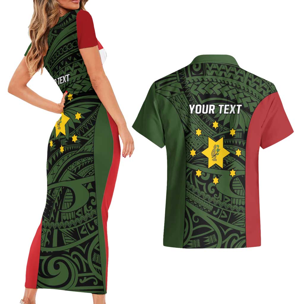 Personalised PNG Eastern Highlands Couples Matching Short Sleeve Bodycon Dress and Hawaiian Shirt Bird of Paradise Tattoo Flag Motif - Polynesian Pride
