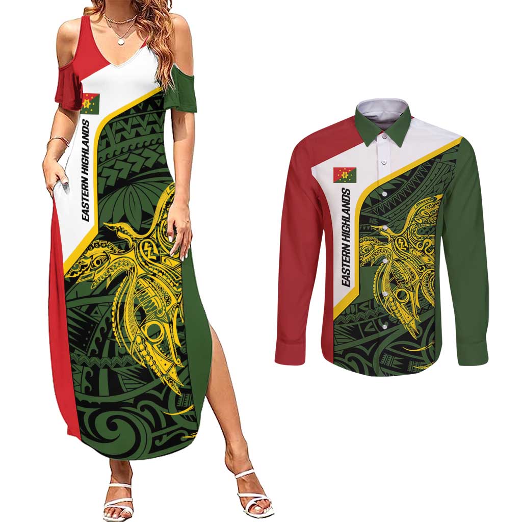 Personalised PNG Eastern Highlands Couples Matching Summer Maxi Dress and Long Sleeve Button Shirt Bird of Paradise Tattoo Flag Motif LT9 Green - Polynesian Pride
