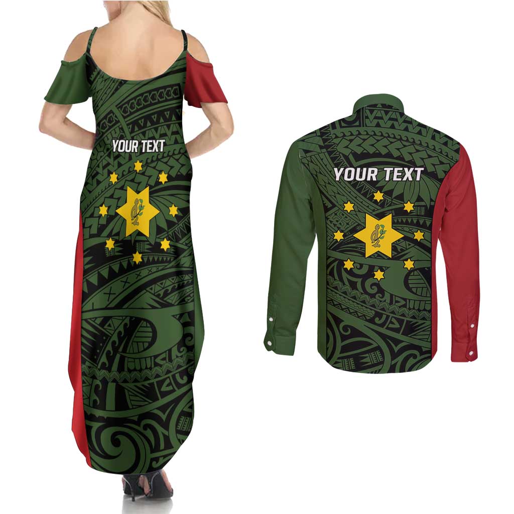 Personalised PNG Eastern Highlands Couples Matching Summer Maxi Dress and Long Sleeve Button Shirt Bird of Paradise Tattoo Flag Motif - Polynesian Pride
