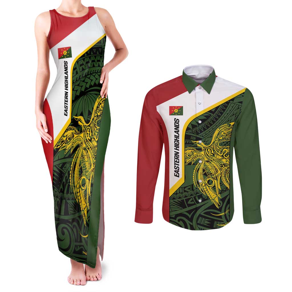 Personalised PNG Eastern Highlands Couples Matching Tank Maxi Dress and Long Sleeve Button Shirt Bird of Paradise Tattoo Flag Motif LT9 Green - Polynesian Pride